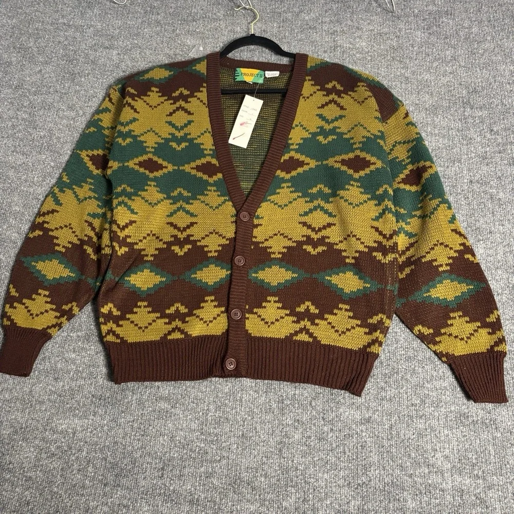 Vintage Project‎ II Sweater Mens Medium Brown Cardigan Aztec Geometric Knit 90s